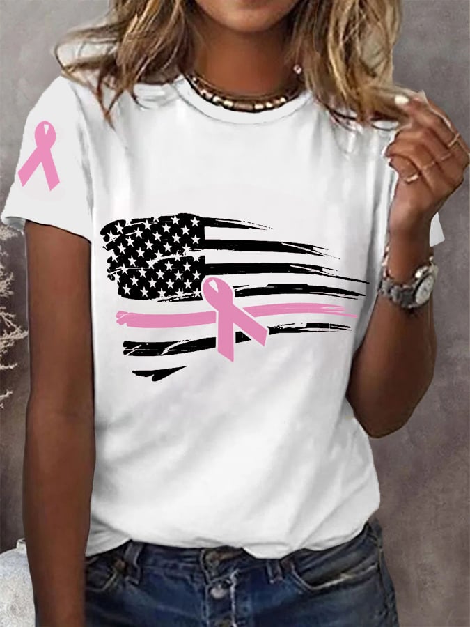 Women's Pink Ribbon Breast Cancer Awareness American Flag Tee