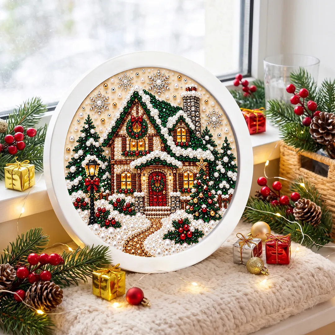 Framed Pearl Painting Kit Christmas House 7.87x7.87in