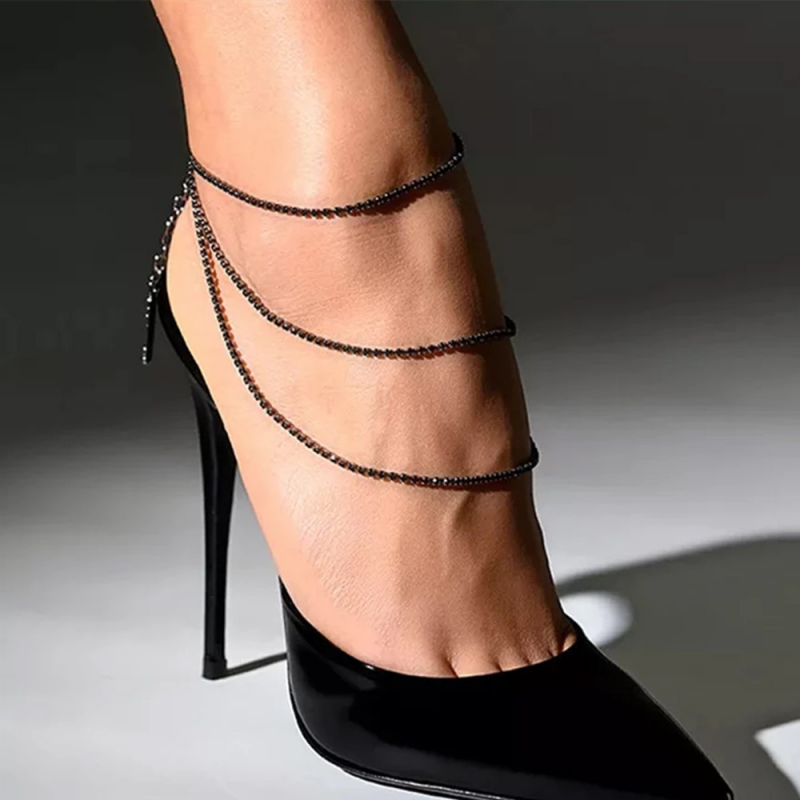 Rhinestone Sexy Black Multilayer Anklet Chain Jewelry for Women-VESSFUL