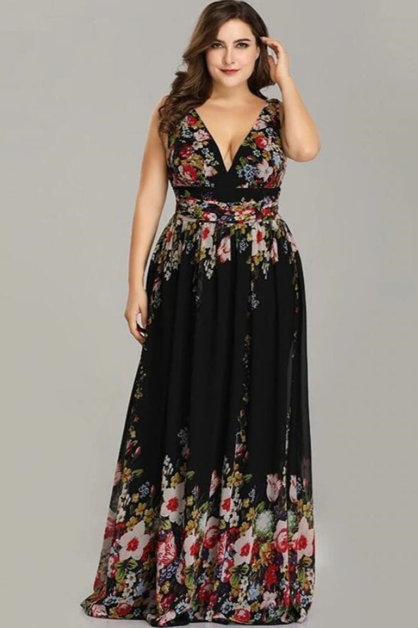 plus size v-neck sleeveless long prom dress with print flowers