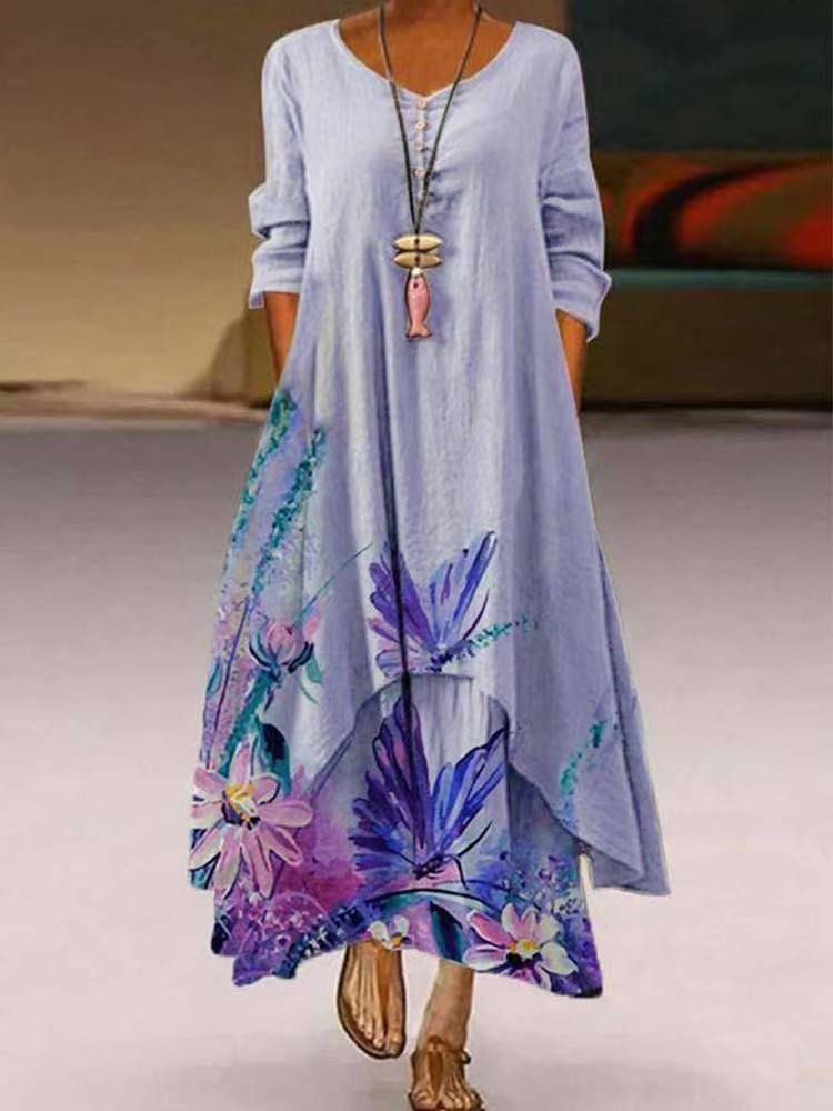 Long Sleeve Butterfly Print Round Neck Dress