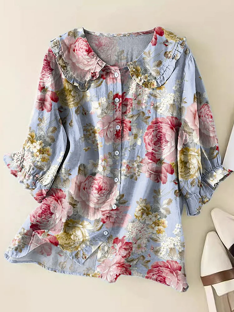 Women's Lovely Floral Art Print Casual Peter Pan Collar Cotton Shirt