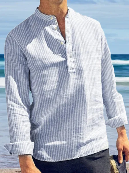 Men's Stripe Print Casual Loose Long Sleeve Shirt