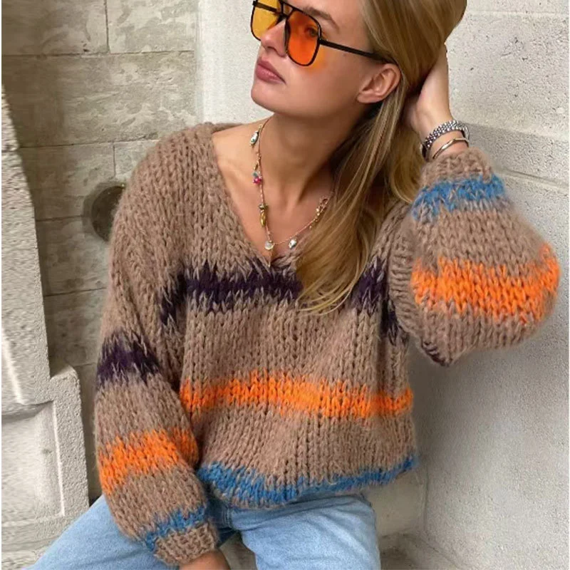 Athvotar Athvotar Autumn And Winter Loose Color Stripe V-Neck Collar Knitted Shirt Long-Sleeved Sweater Woman