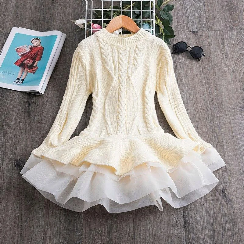 Knitted Sweater Dress for Girls Autumn Winter Clothes Ribbed Long Sleeve Kids Party Costume Casual Wear Princess Christmas Dress
