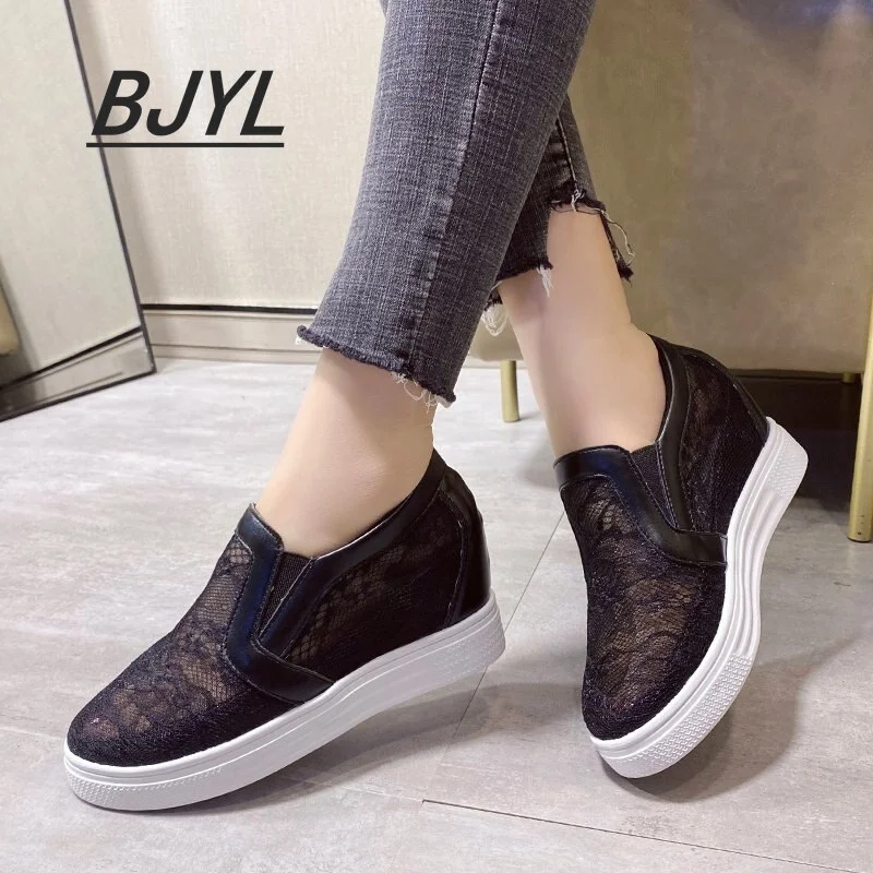 Qengg Summer New Style Thick-soled Casual Fashion Lazy Lace Mesh Breathable Inner Heightening Shoelace Pedal