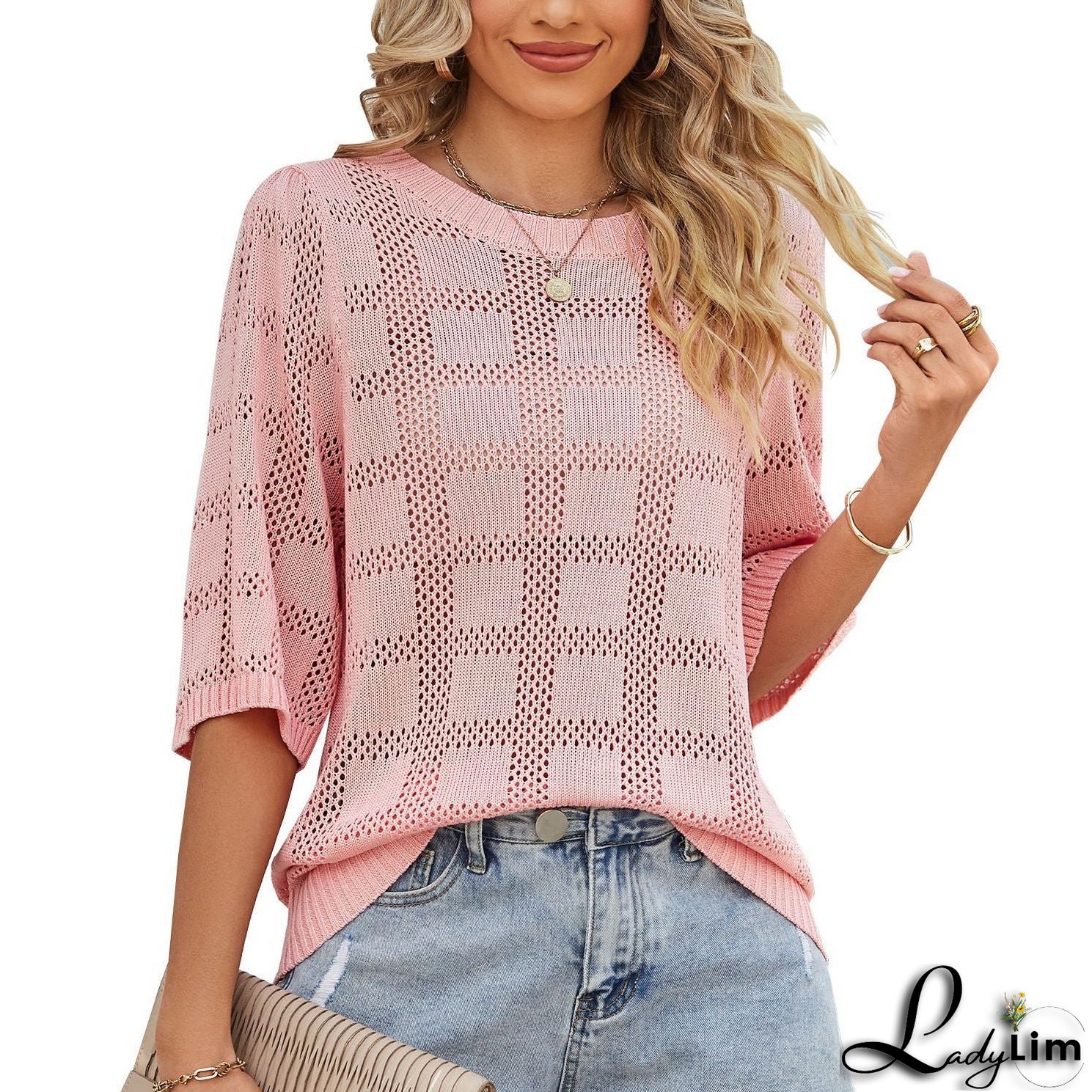 Women's Round Neck Hollowed Out Sun Protection Shirt Knitted Sweater Cover Up