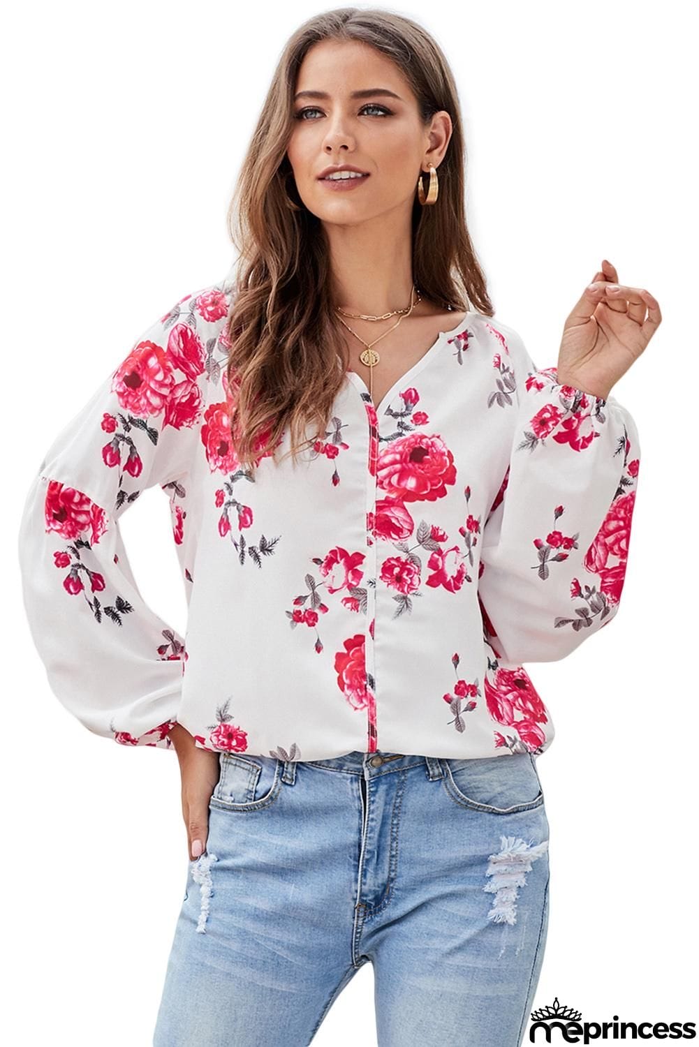 Ballon Sleeve Floral Shirt Top