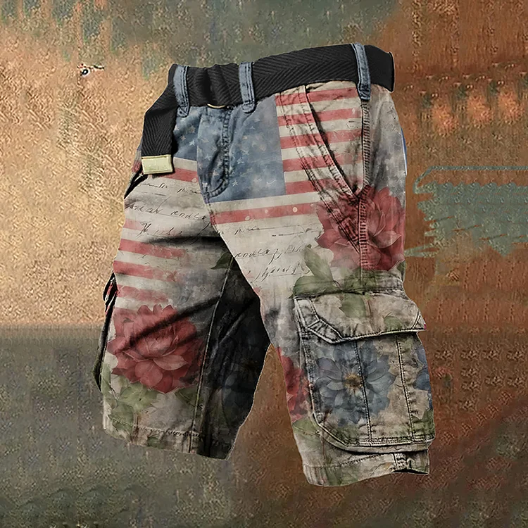 Men's Vintage Independence Day American Flag Print Cargo Shorts