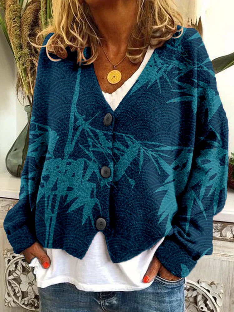Bamboo with Japanese Wave Pattern Cozy Cardigan