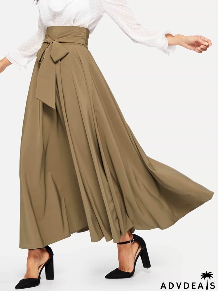 High Waist Zip Back Knot Swing Skirt