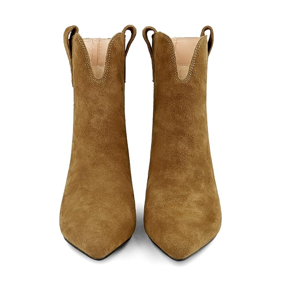2.36'' Women's Ankle Boots Closed Pointed Toe Kitten Stilettos Suede Booties-MERUMOTE