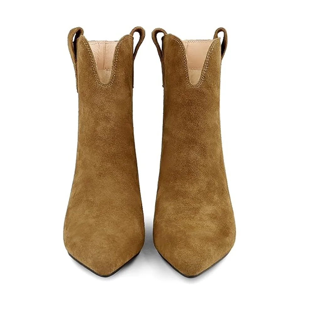 2.36'' Women's Ankle Boots Closed Pointed Toe Kitten Stilettos Suede Booties-MERUMOTE
