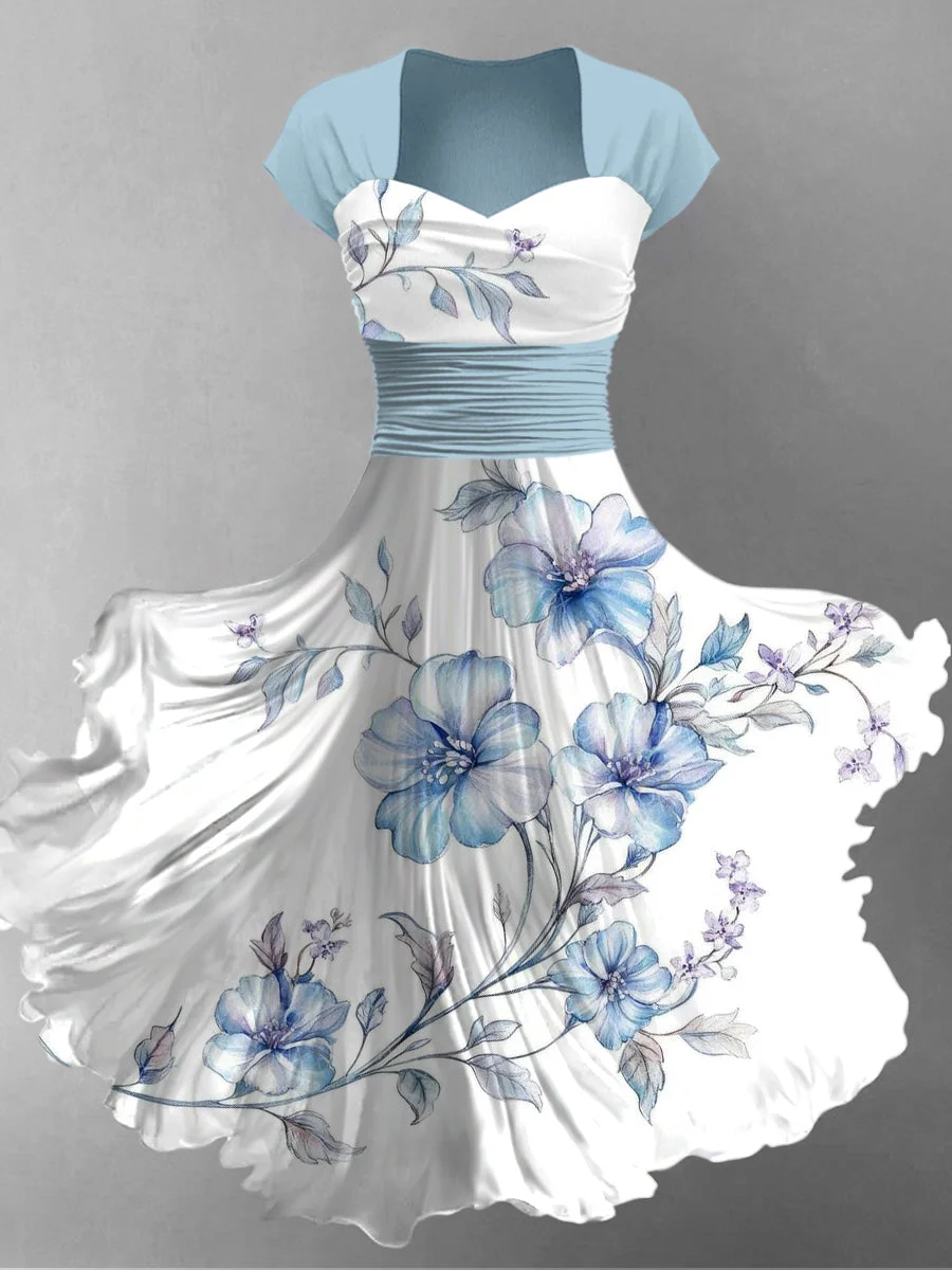 Floral Art Print V-Neck Short Sleeve Vintage Dress