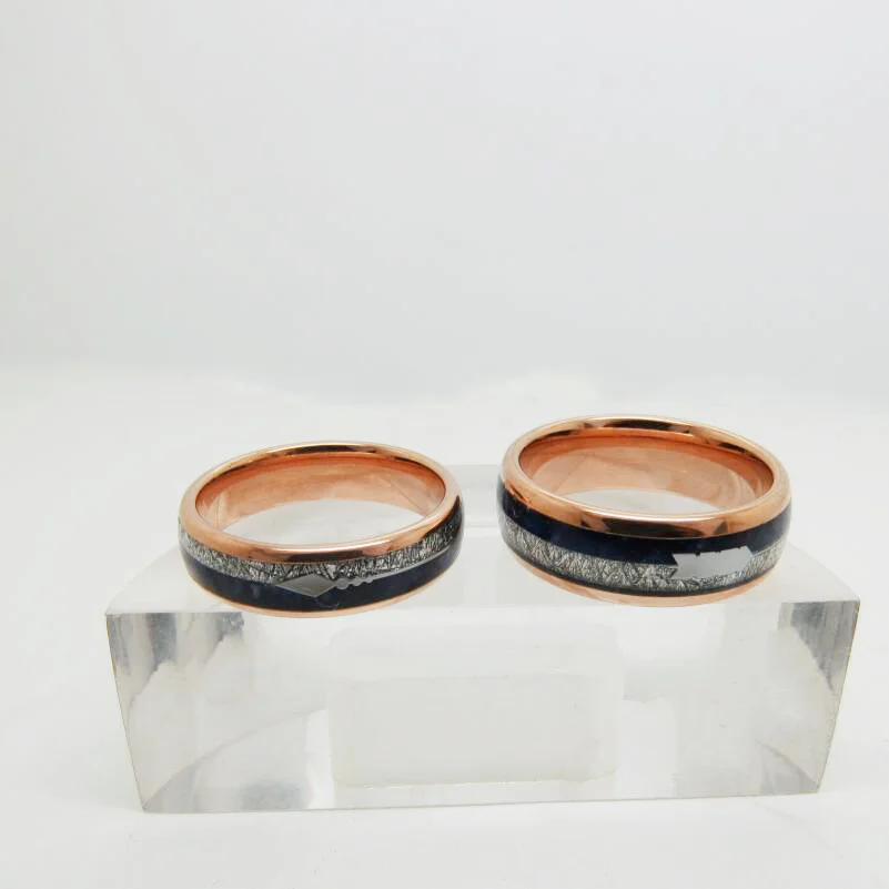 Rose Gold Tungsten Carbide Mens Womens Rings With Full Arc Electroplated Inlaid With Silver Wire And Lapis Lazuli Stone
