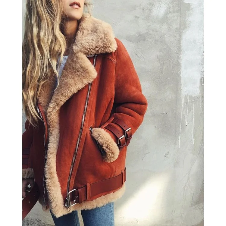 Women's Motorcycle Coat Lamb Hair Lapel Fur Coat