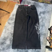 Hyhis Retro Hip Hop Goth Pattern Baggy Jeans Y2k Harajuku Black Pants Men Women High Waist Wide Leg Trousers Casual Streetwear