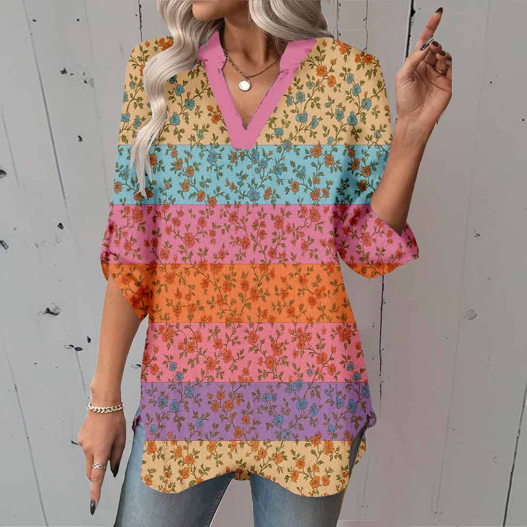 Women Floral, Pink, Khaki DZGA0349 3/4 Sleeve V-neck Printed Graphic Button Tops