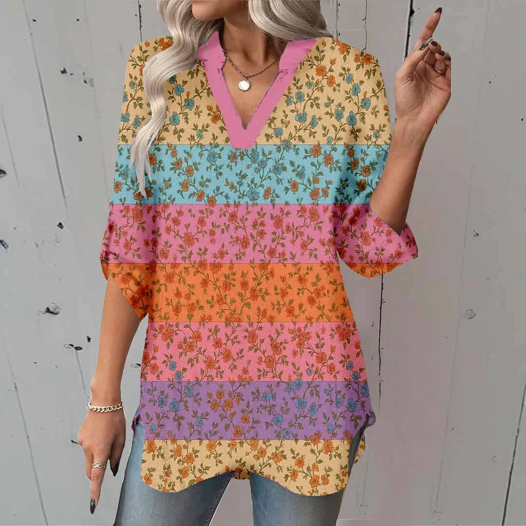 Women Floral, Pink, Khaki DZGA0349 3/4 Sleeve V-neck Printed Graphic Button Tops