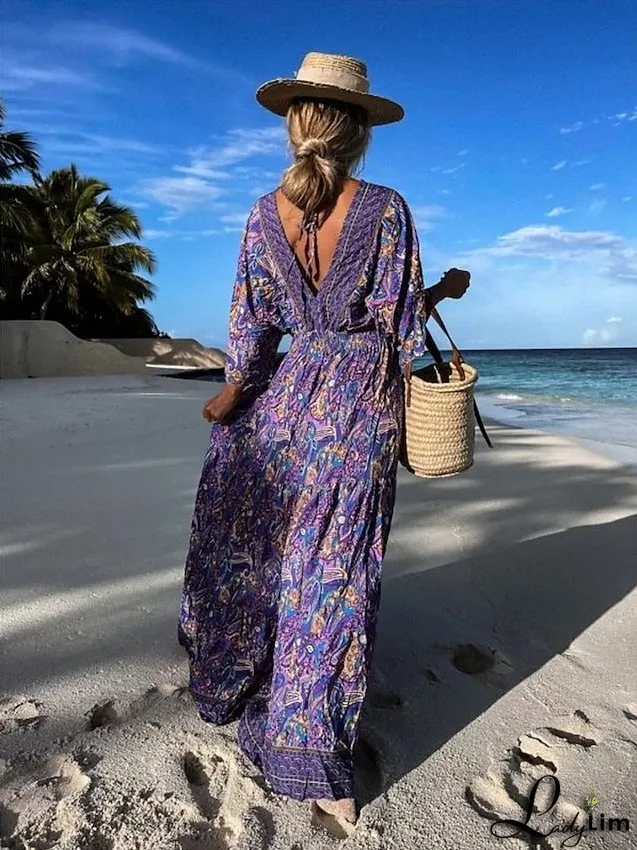 Long Dress Maxi Dress Sundress Boho Dress Print Dress Print Fashion Bohemian Holiday Vacation Going out Print Half Sleeve V Neck Dress Regular Fit Blue Purple Green Summer Spring S M L XL XXL for Women