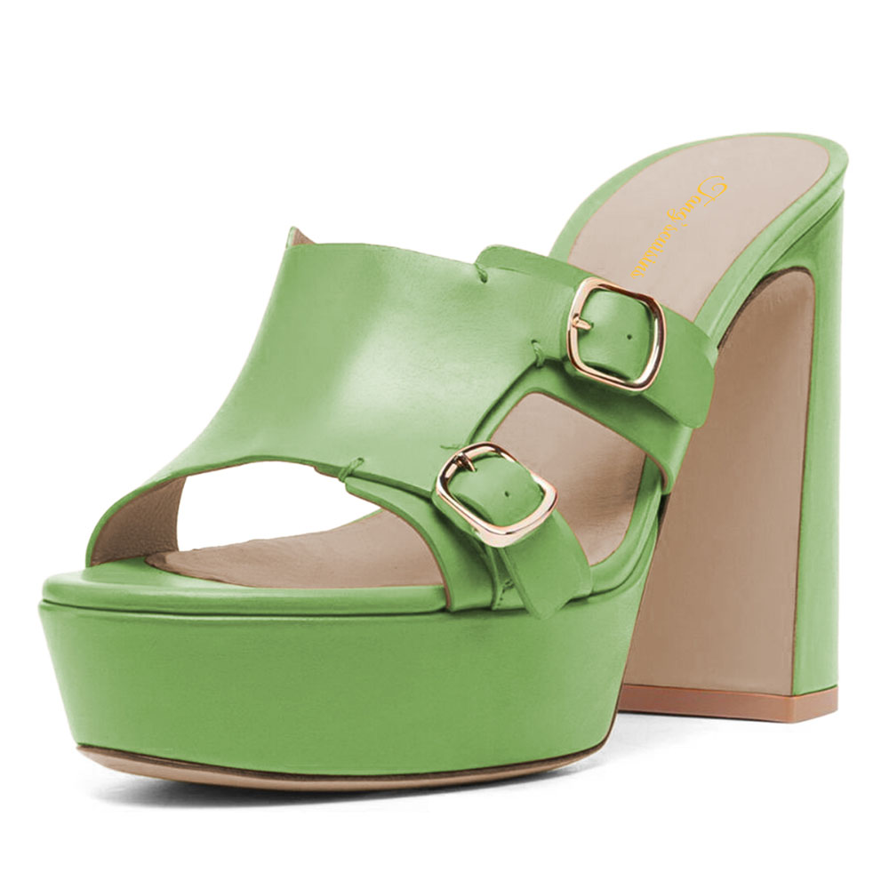 Green Open Toe Casual Chunky High Heel Platform Mules with Buckle Nicepairs