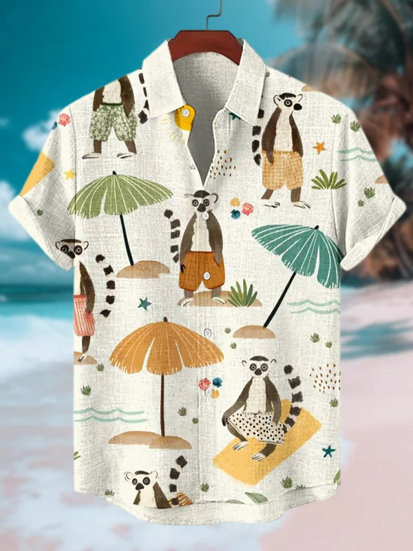 Men's Cartoon Lemur Vacation Art Print Short Sleeve Shirt