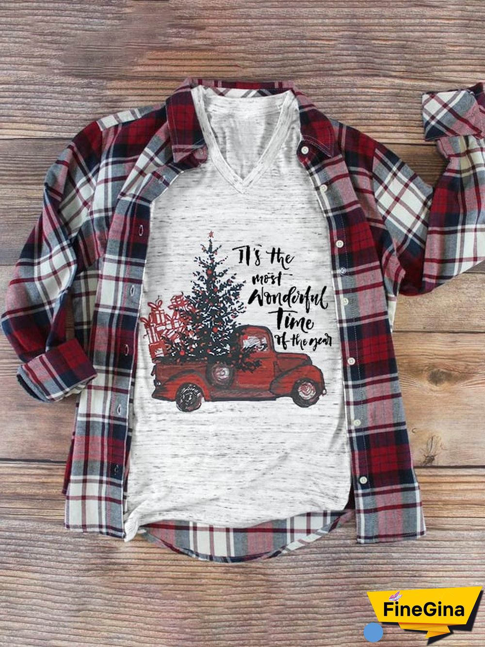 Women's Christmas Truck It's The Most Wonderful Time Of The Year Casual V-Neck Tee