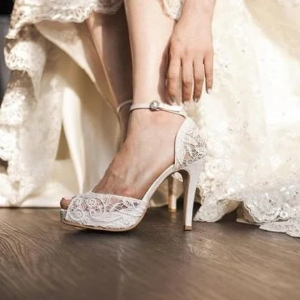 White Lace Peep Toe Ankle Strap Platform Bridal Shoes Vdcoo