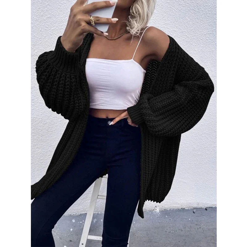 Wongn Wongn And Winter New Fashion Knitting Temperament Commuter Black Cardigan Pure Color Long Sleeve Coat Sweater Women's Clothing