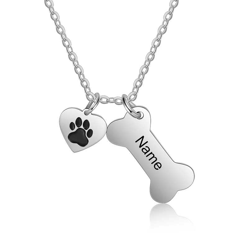 Personalized Dog Bone Necklace with Paw Charm Engraved 1 Name Pet Necklace