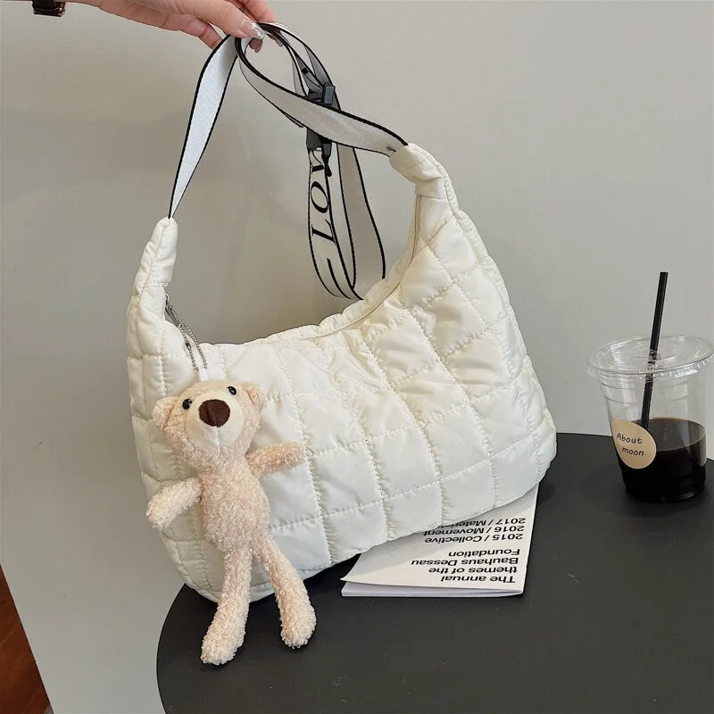 էѧӧܧ Nylon Waterproof Big Grid Soft High Capacity Shoulder Bag for Women 2021 Winter Luxury Fashion Shopper Handbags