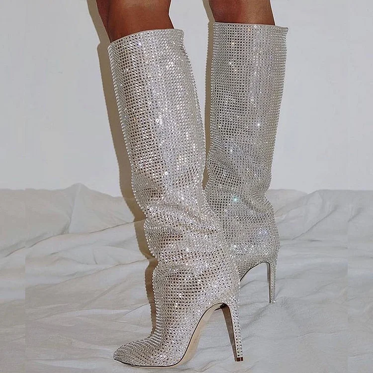 Silver Pointed Toe Knee-High Rhinestone Boots with Stiletto Heel |FSJ Shoes