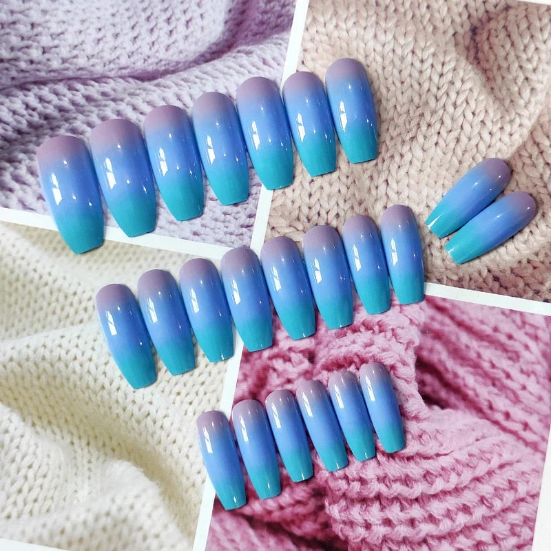 24pcs Fake nails with designs Blue Gradient Purple Coffin Fake Long Ballerina False Nails Full Cover Nail Tips Press On Nails-Nail Inspo
