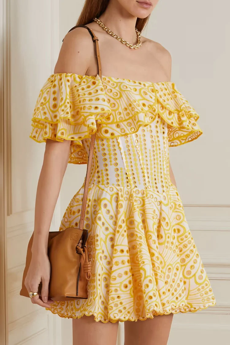 Abebey Tiered Off Shoulder Broderie Anglaise Ruffle Mini Dress - Yellow