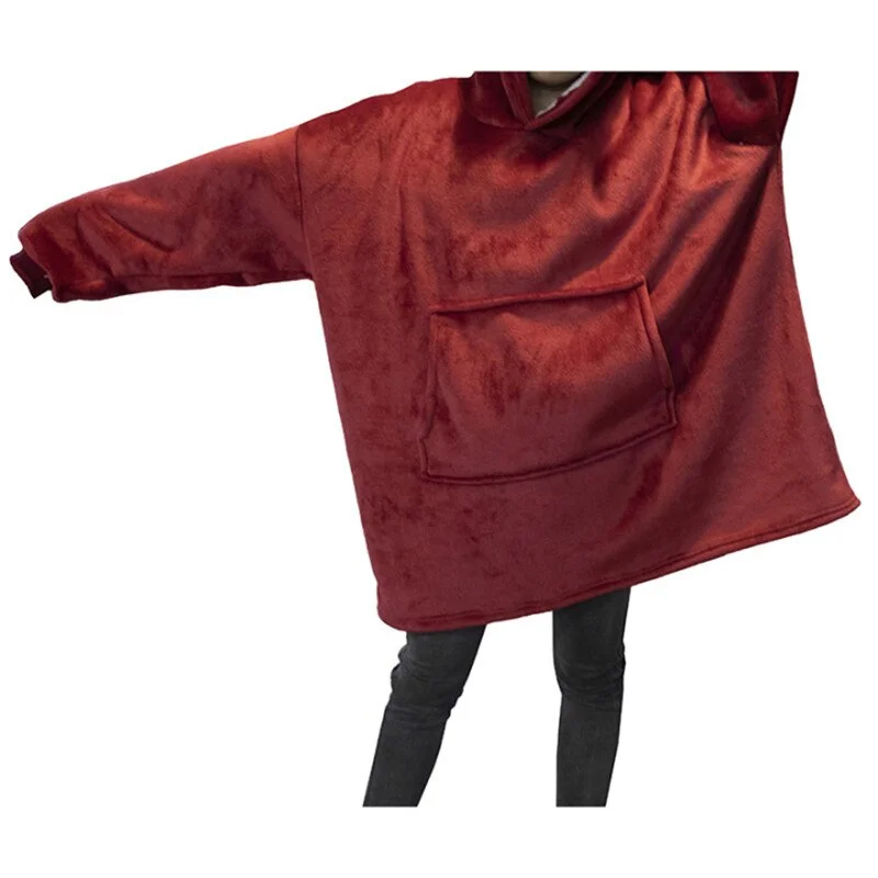 Winter Women Blanket Hooded Sweatshirt Solid Fleece Warm Long Sleeve Oversize Long Hoodies TV Pocket Blanket Female Robe Coat