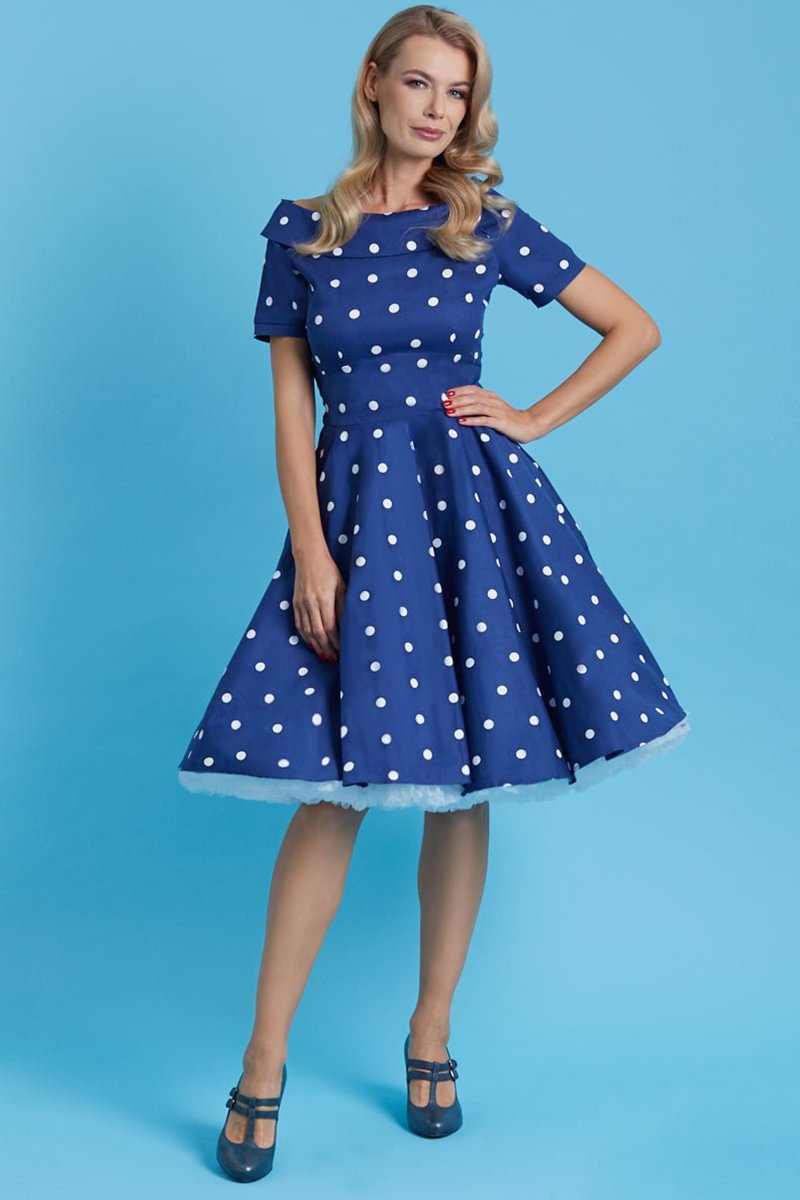1950s Blue Party Polka Dot Off The Shoulder Fitted Waist Bell Midi Dress [Pre-Order]
