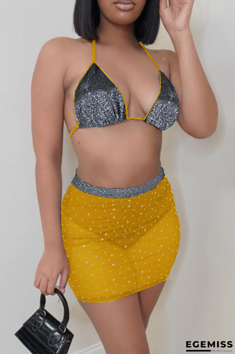 Yellow Sexy Hot Drilling Mesh Swimwears Three Pieces | EGEMISS