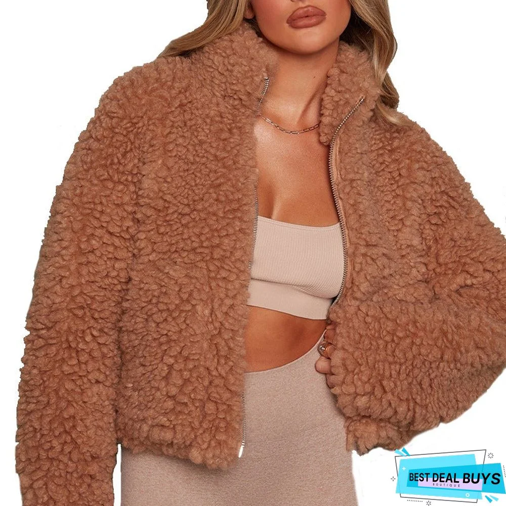 Plush Cardigan Short Jacket Lambswool Coat Woman