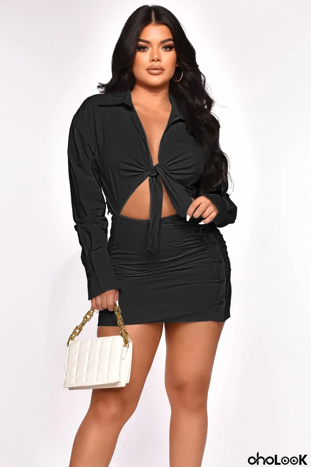 Solid Long Sleeve Tie Up Shirt Dress