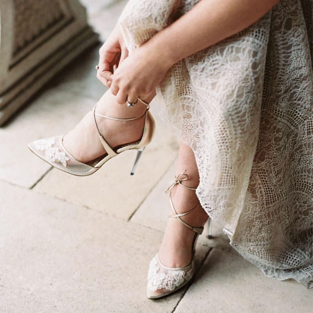 White Lace Pointed Toe Pumps Stiletto Strappy Heels Floral Wedding Shoes Nicepairs
