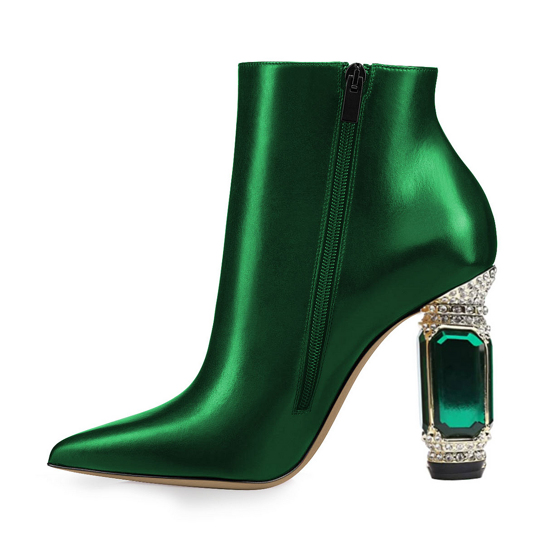 Dark Green Pointed Toe Zipper Ankle Boots Decorative Heels Nicepairs