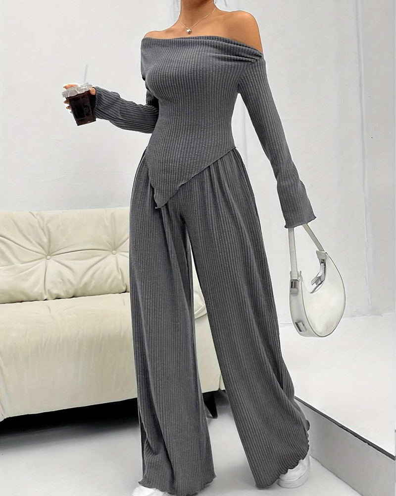 Casual Knitted Off-Shoulder Wide-Leg Trousers Two-Piece Set