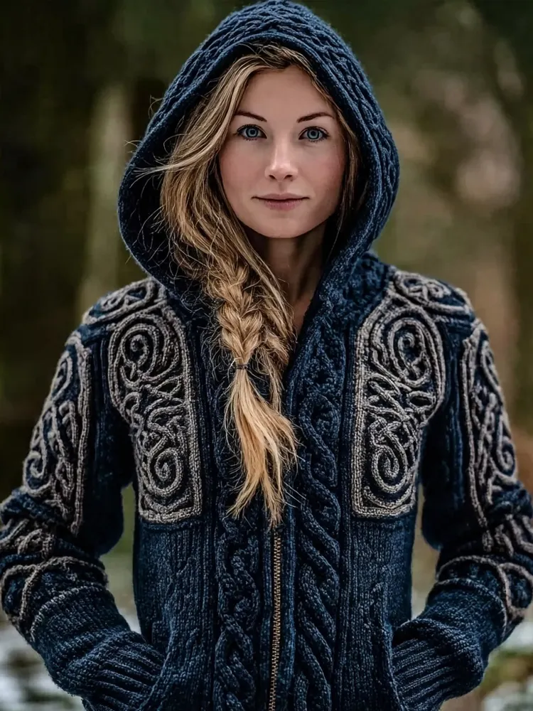 Vintage Viking Celtic Knot Cozy Knit Hooded Cardigan