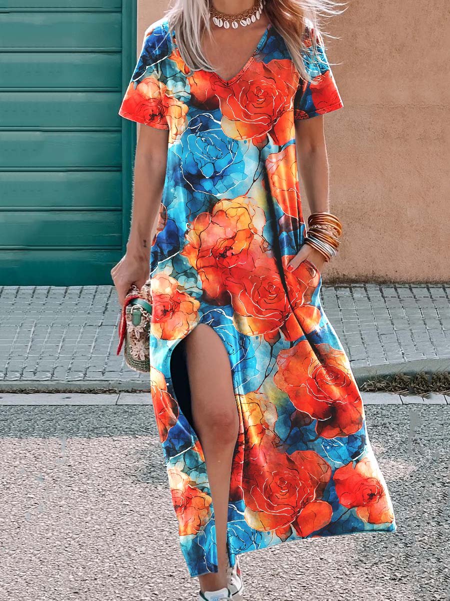 Women's Watercolor Floral  Art V-Neck Casual Maxi Dress
