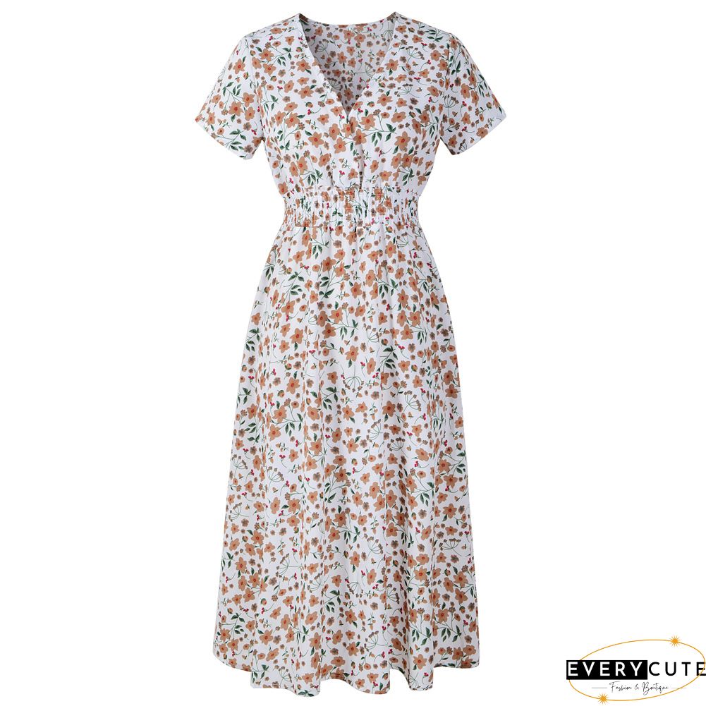 Floral Print Paneled Short Sleeves Elegant A-line Midi Dress