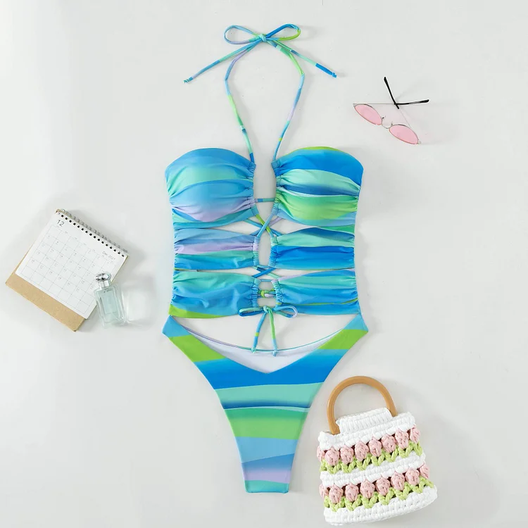 Women's Sexy Gradient One Piece Hollow Out Swimsuit Halter Deep V Open Back Swimwear Summer Beach Bikini Suit VOCOSI VOCOSI