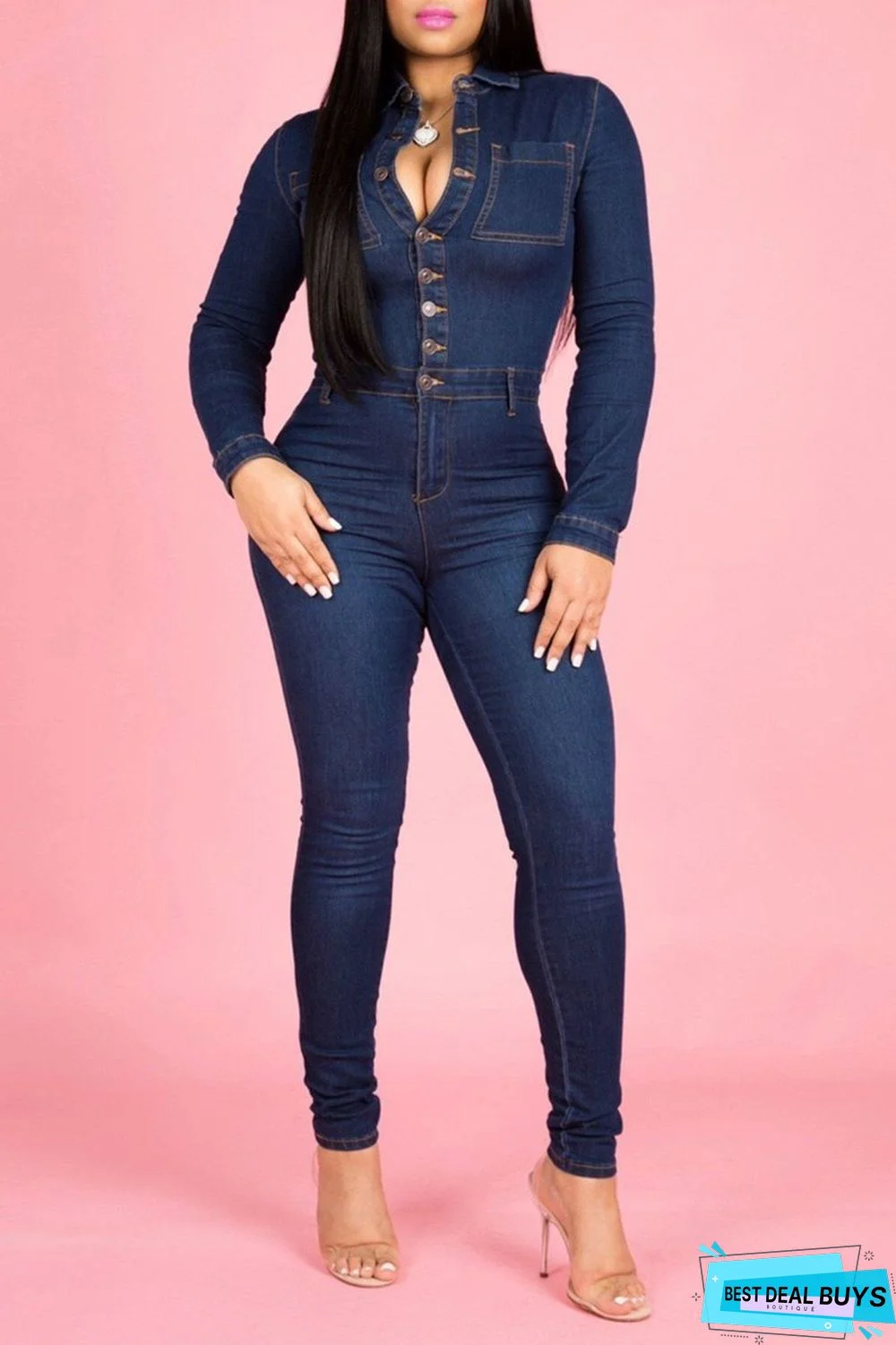 Plus Size Denim Button Up Long Sleeve Jumpsuit