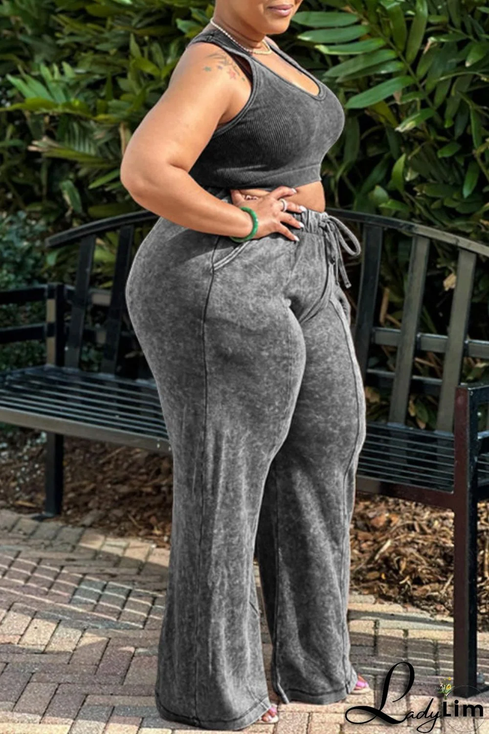 Black Gray Casual Solid Vests Pants O Neck Plus Size Two Pieces