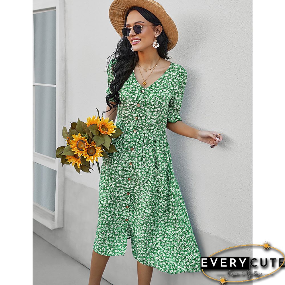 Green Button Down V Neck Pocketed Floral Dress