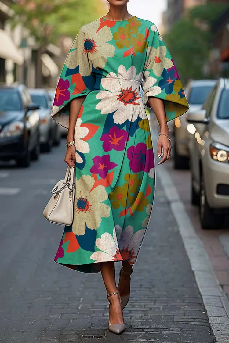 Women's Elegant Vintage Floral Print Midi Dress